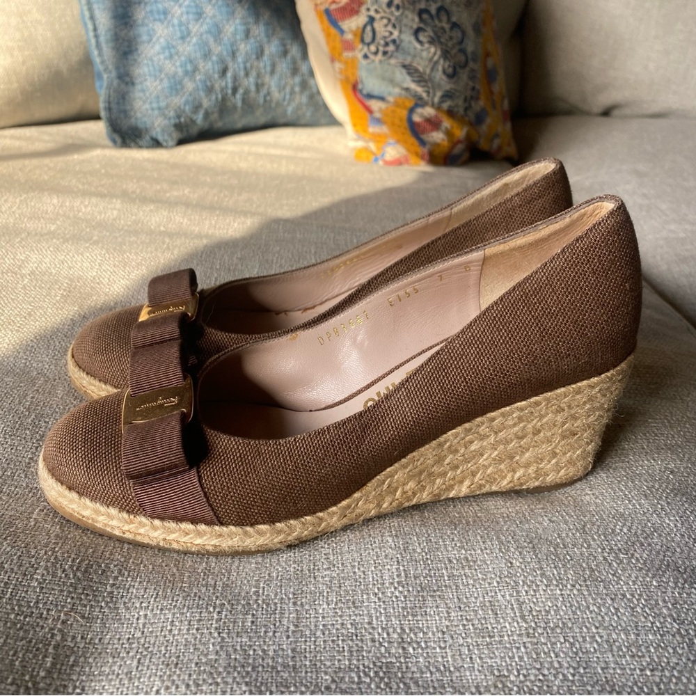 Salvatore Ferragamo Brown Wedge Espadrille Shoes